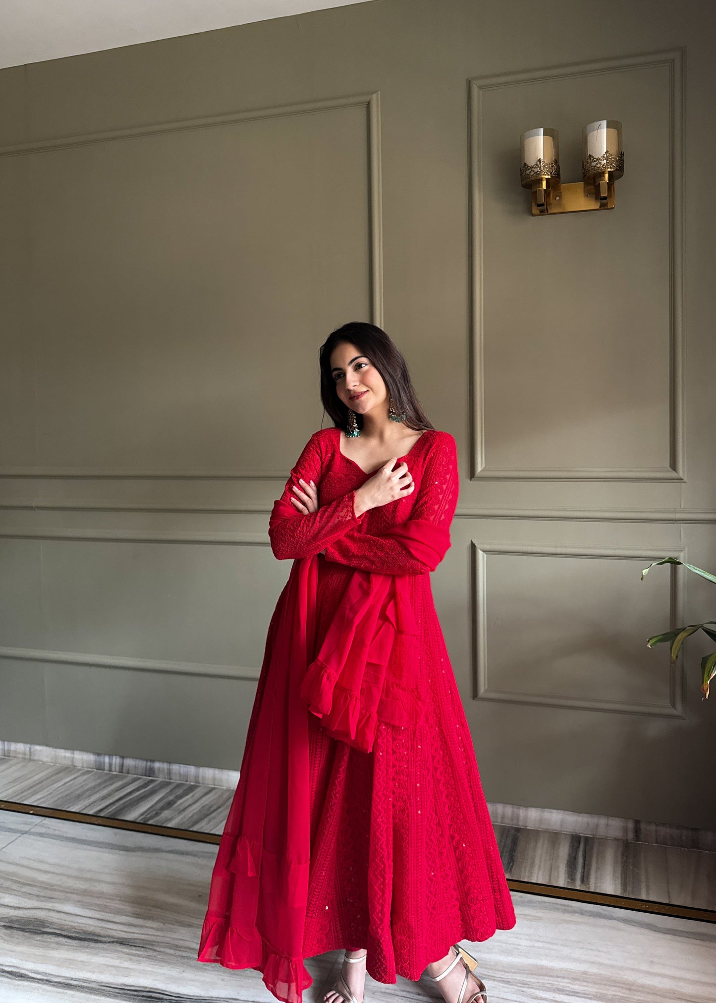 Red Georgette Lucknowi Anarkali Suit Set With Ruffle Dupatta for Women | Designer Party Wear Outfit