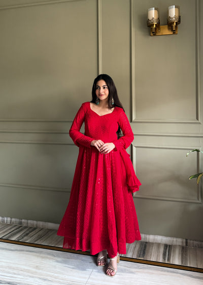 Red Georgette Lucknowi Anarkali Suit Set With Ruffle Dupatta for Women | Designer Party Wear Outfit