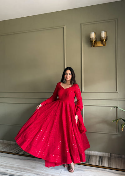 Red Georgette Lucknowi Anarkali Suit Set With Ruffle Dupatta for Women | Designer Party Wear Outfit