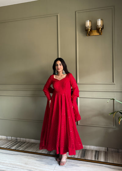 Red Georgette Lucknowi Anarkali Suit Set With Ruffle Dupatta for Women | Designer Party Wear Outfit