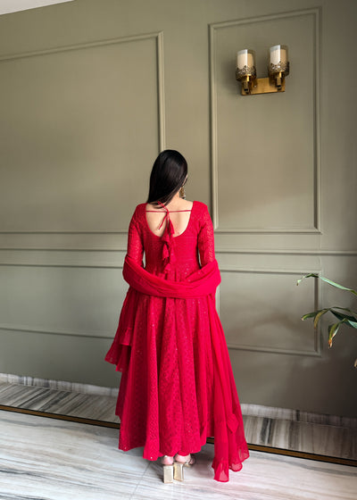 Red Georgette Lucknowi Anarkali Suit Set With Ruffle Dupatta for Women | Designer Party Wear Outfit