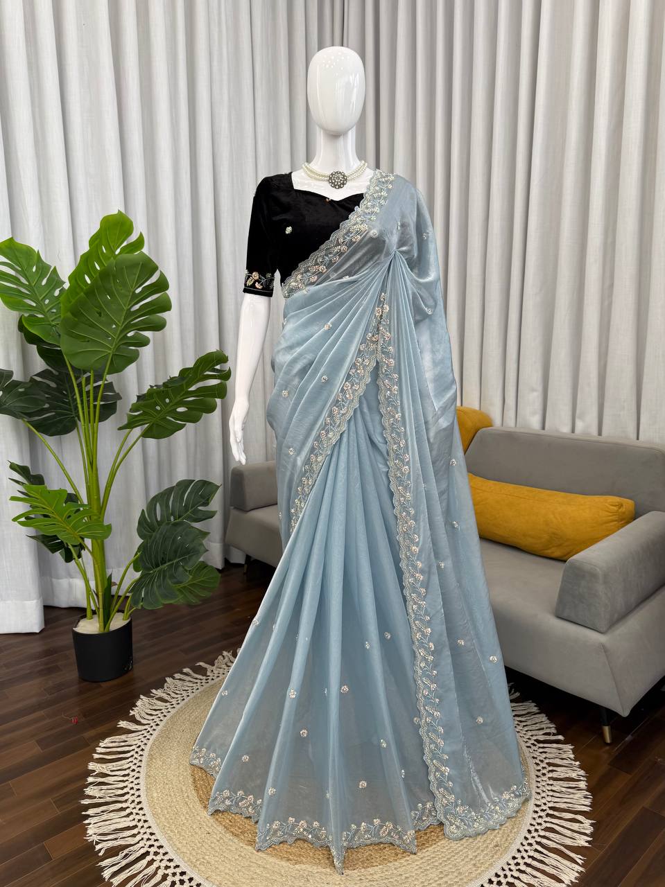Sky Blue Jimi chu Party Wear Premium Hand Work Saree For Women