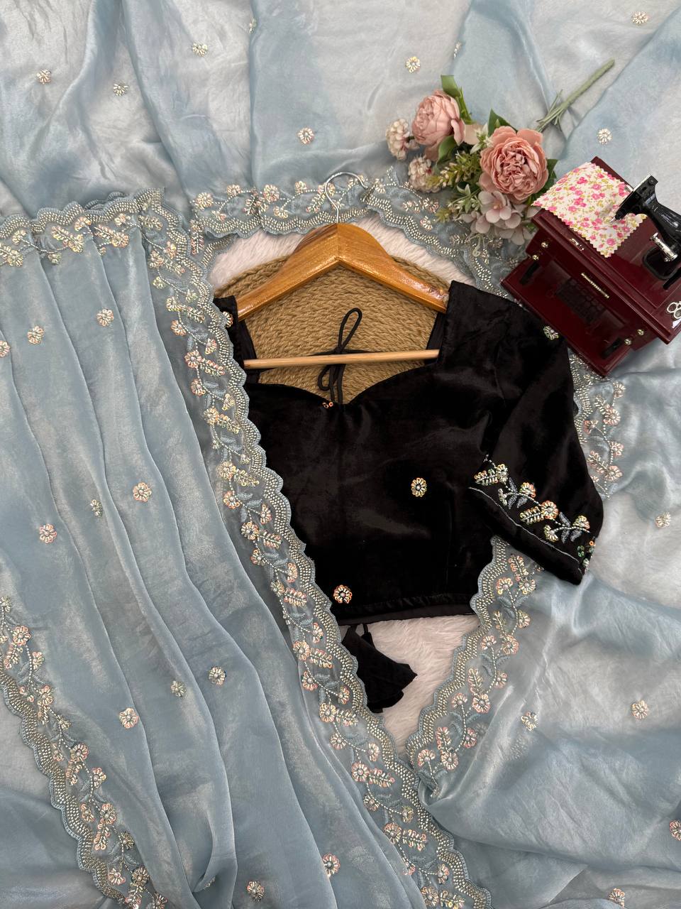 Sky Blue Jimi chu Party Wear Premium Hand Work Saree For Women