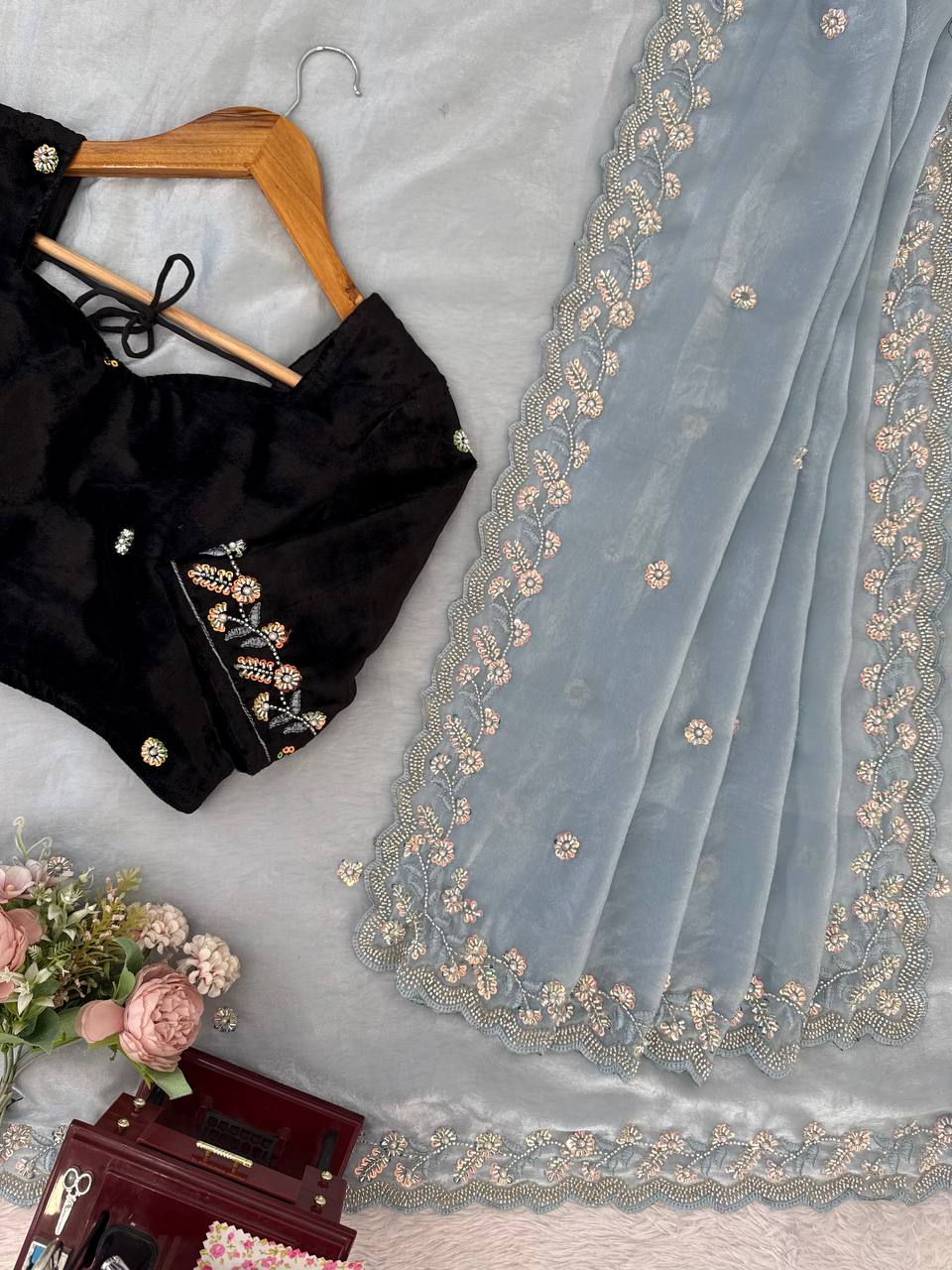 Sky Blue Jimi chu Party Wear Premium Hand Work Saree For Women