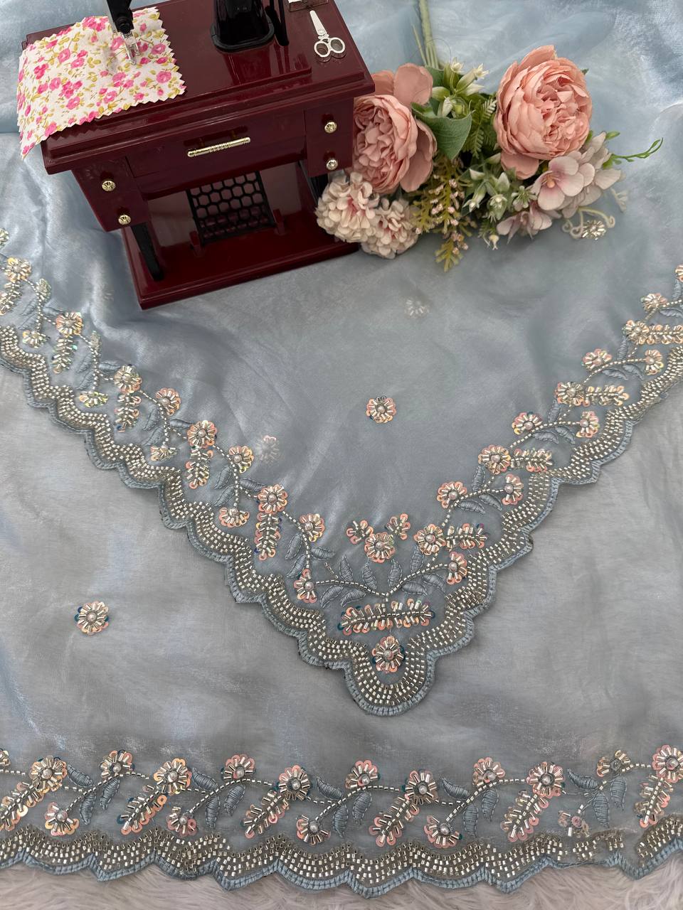 Sky Blue Jimi chu Party Wear Premium Hand Work Saree For Women