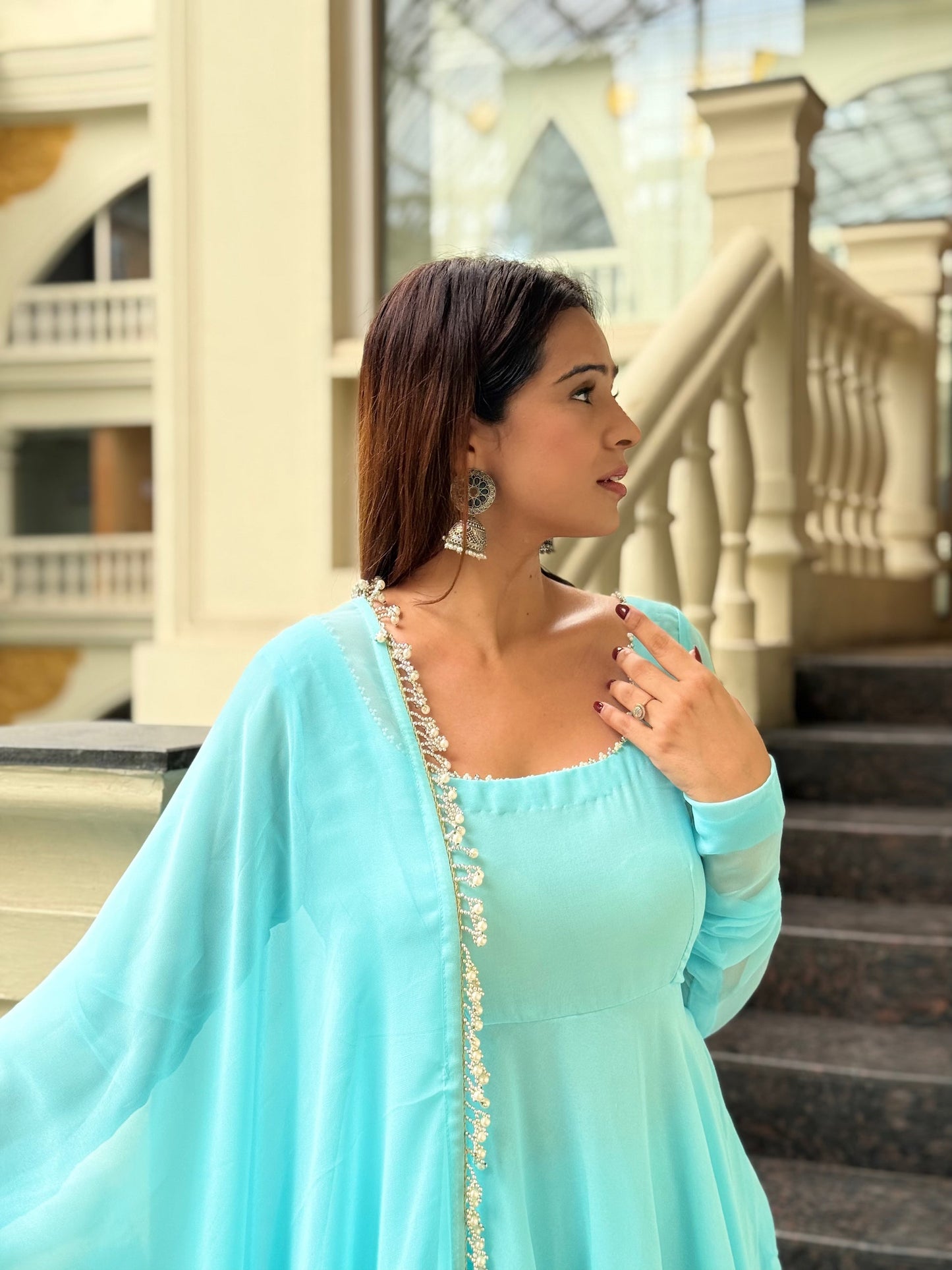 Sky Blue Georgette Anarkali Suit Set for Women | Perfect Party Wear Anarkali Suit Set