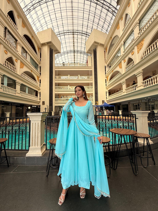 Sky Blue Georgette Anarkali Suit Set for Women | Perfect Party Wear Anarkali Suit Set