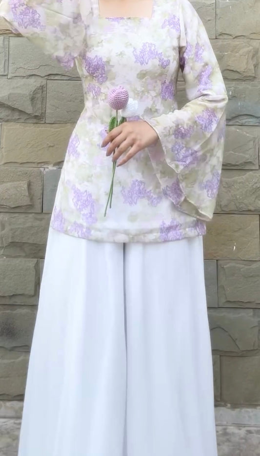 White Floral Fairy Kurti with Palazzo Set for Women | Korean Inspired Pastel Designer Outfit