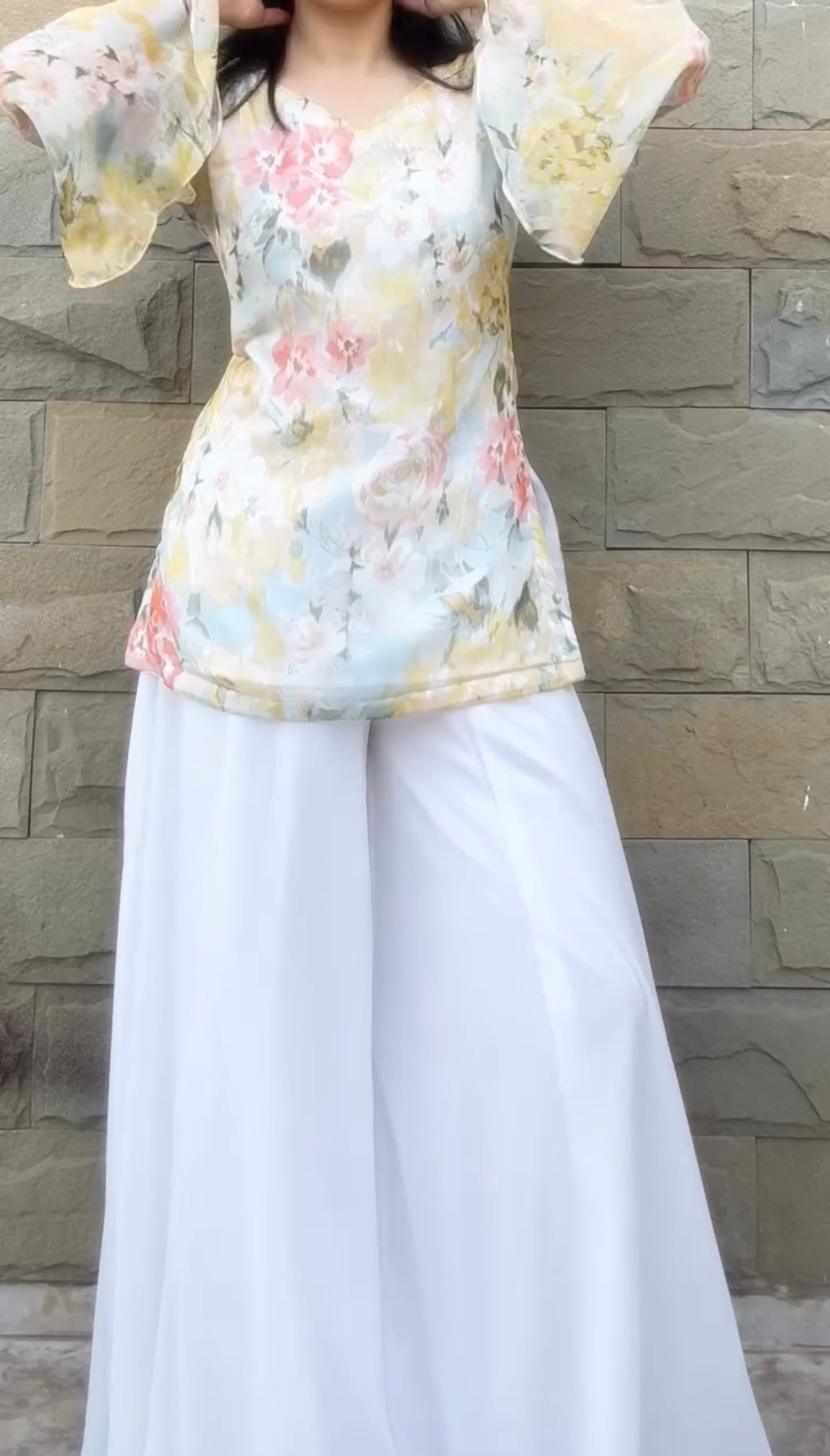 White Floral Fairy Kurti with Palazzo Set for Women | Korean Inspired Pastel Designer Outfit