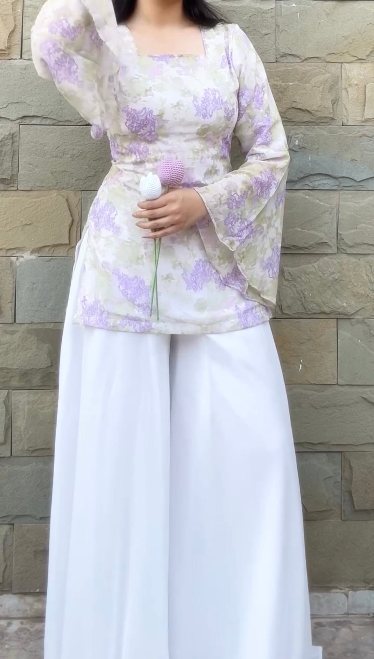 White Floral Fairy Kurti with Palazzo Set for Women | Korean Inspired Pastel Designer Outfit