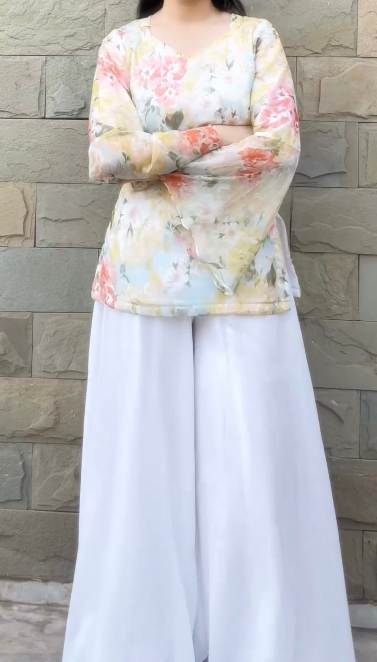 White Floral Fairy Kurti with Palazzo Set for Women | Korean Inspired Pastel Designer Outfit