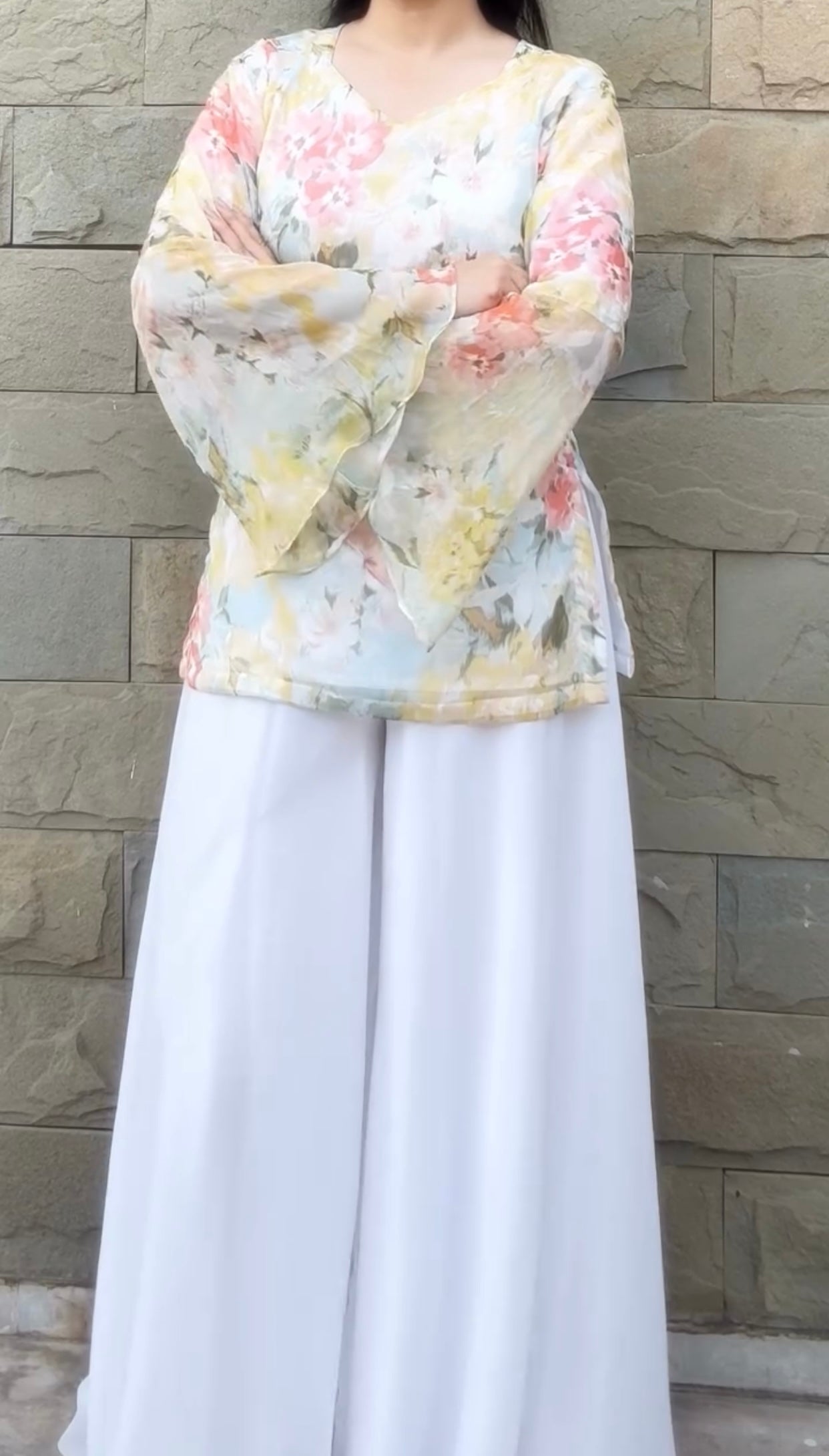 White Floral Fairy Kurti with Palazzo Set for Women | Korean Inspired Pastel Designer Outfit