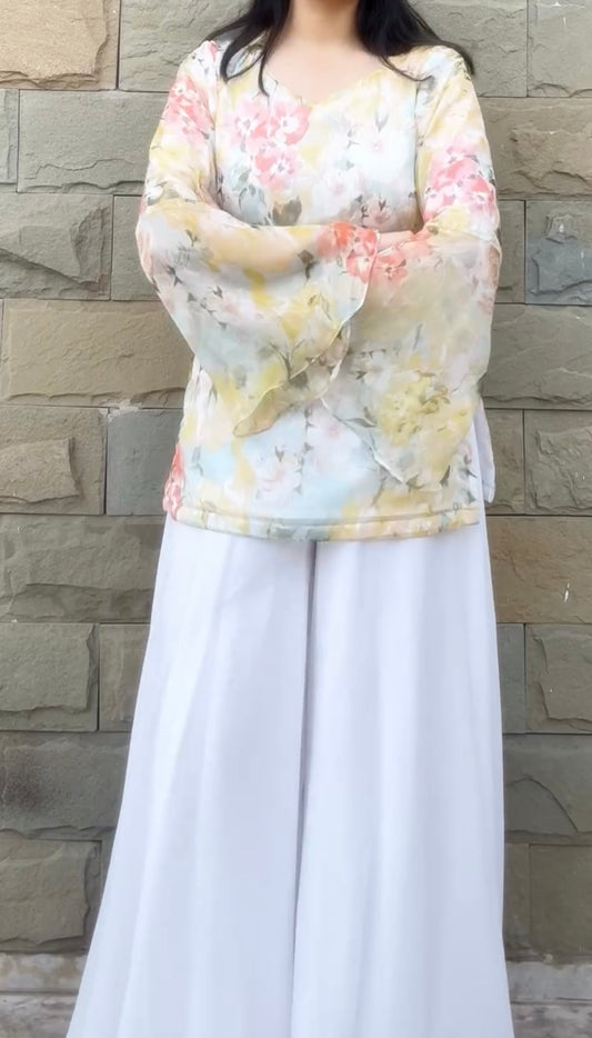 White Floral Fairy Kurti with Palazzo Set for Women | Korean Inspired Pastel Designer Outfit