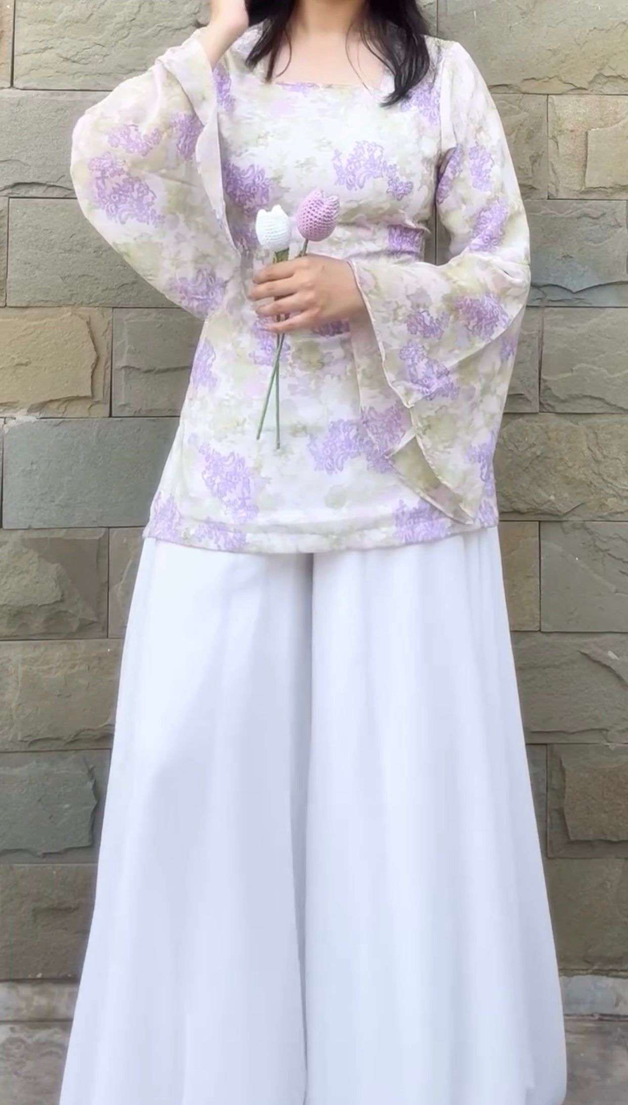 White Floral Fairy Kurti with Palazzo Set for Women | Korean Inspired Pastel Designer Outfit
