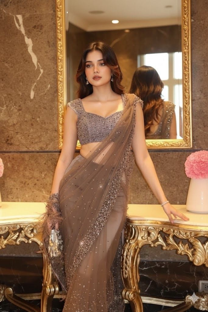 Wedding Special Ready To Wear Net Saree with Sequins Saree