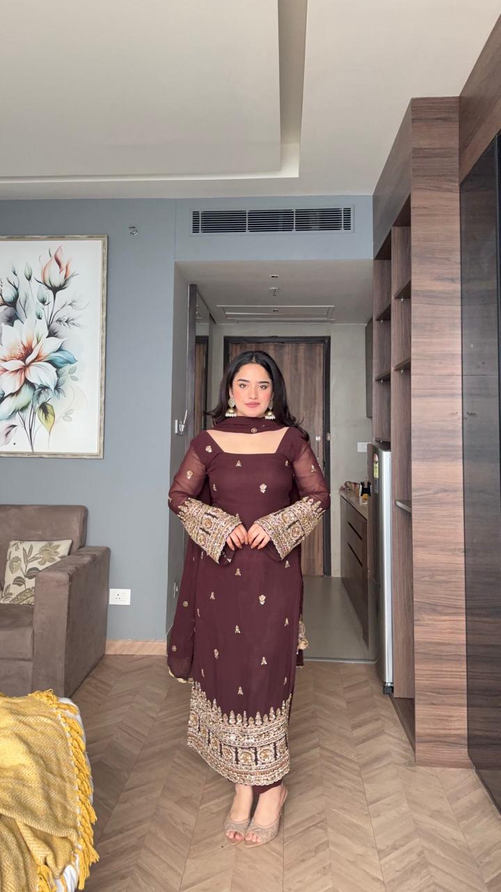 Wine Brown Georgette Festive Party Wear Suit