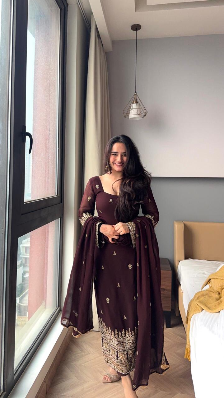 Wine Brown Georgette Festive Party Wear Suit