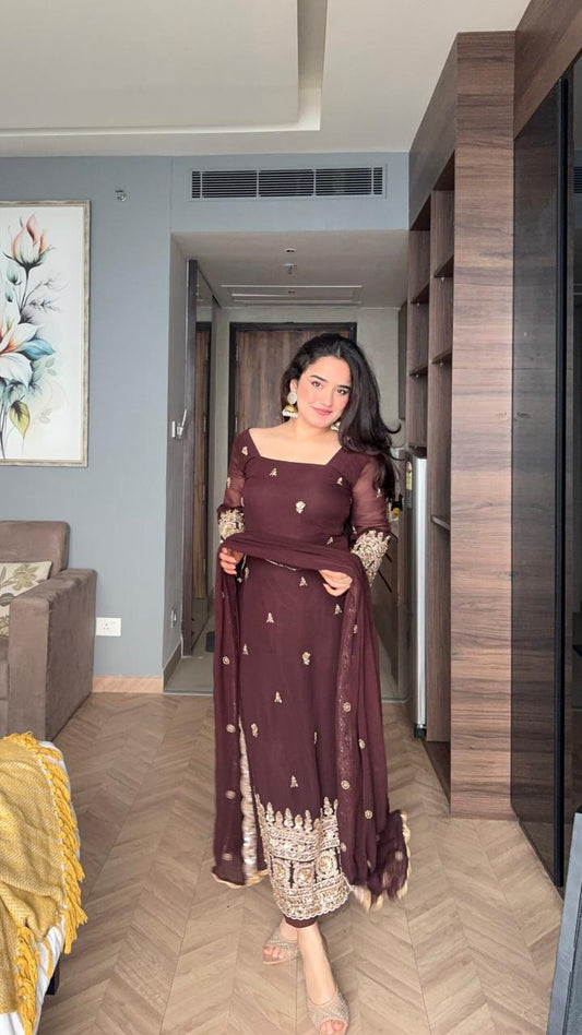 Wine Brown Georgette Festive Party Wear Suit