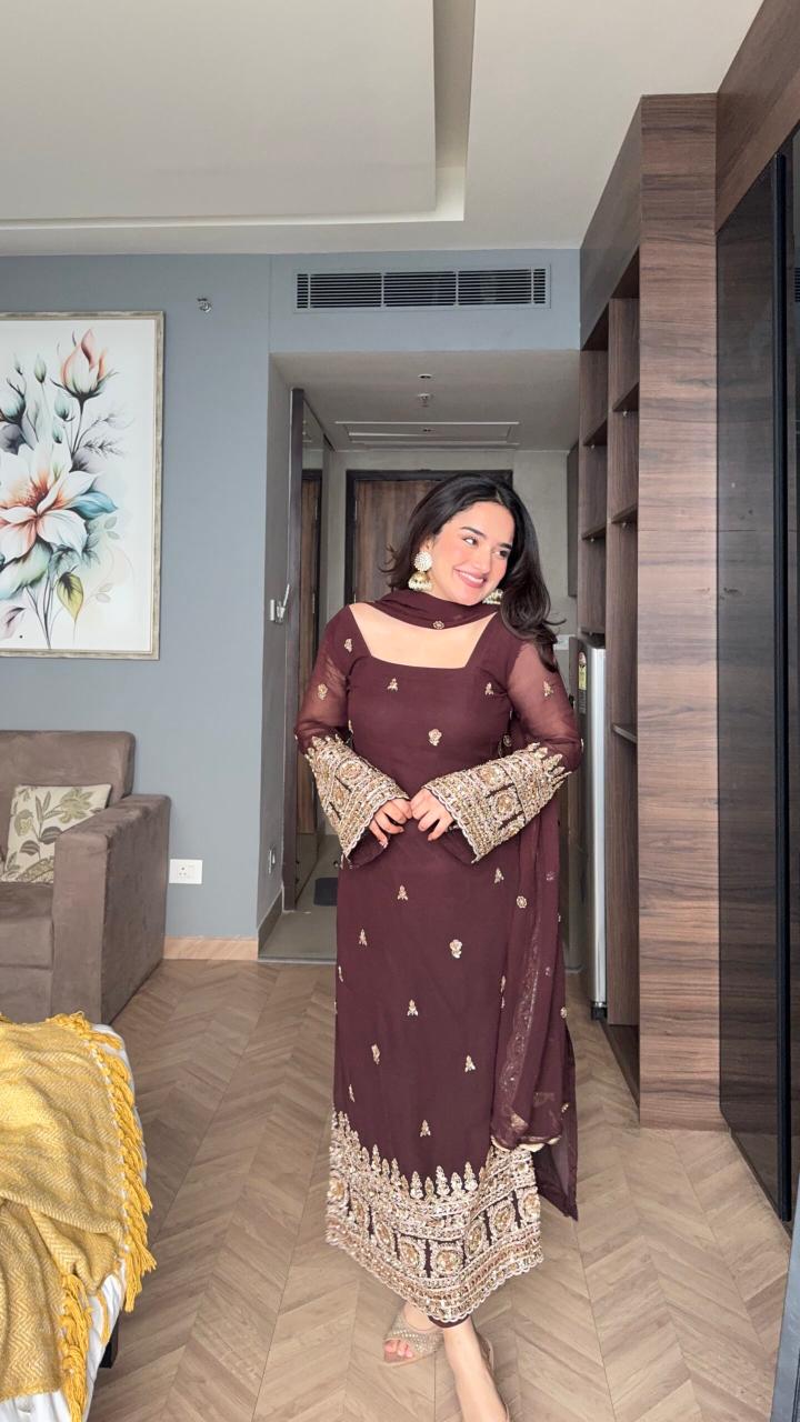 Wine Brown Georgette Festive Party Wear Suit