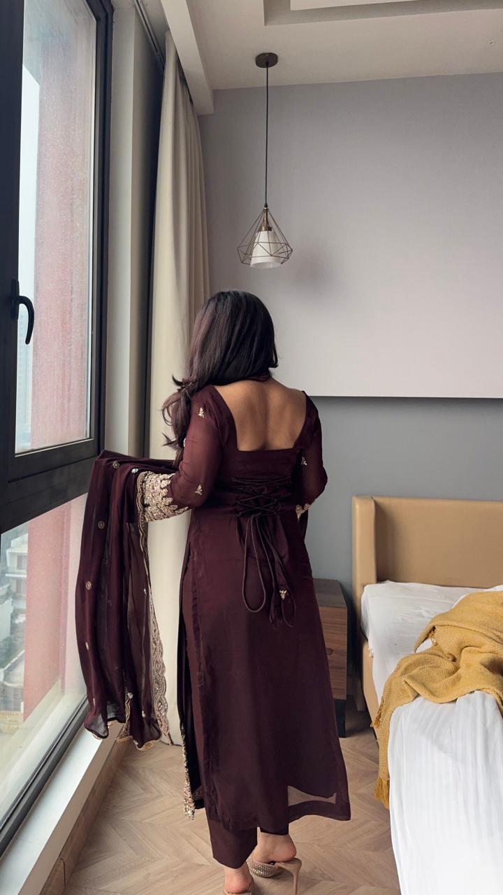Wine Brown Georgette Festive Party Wear Suit