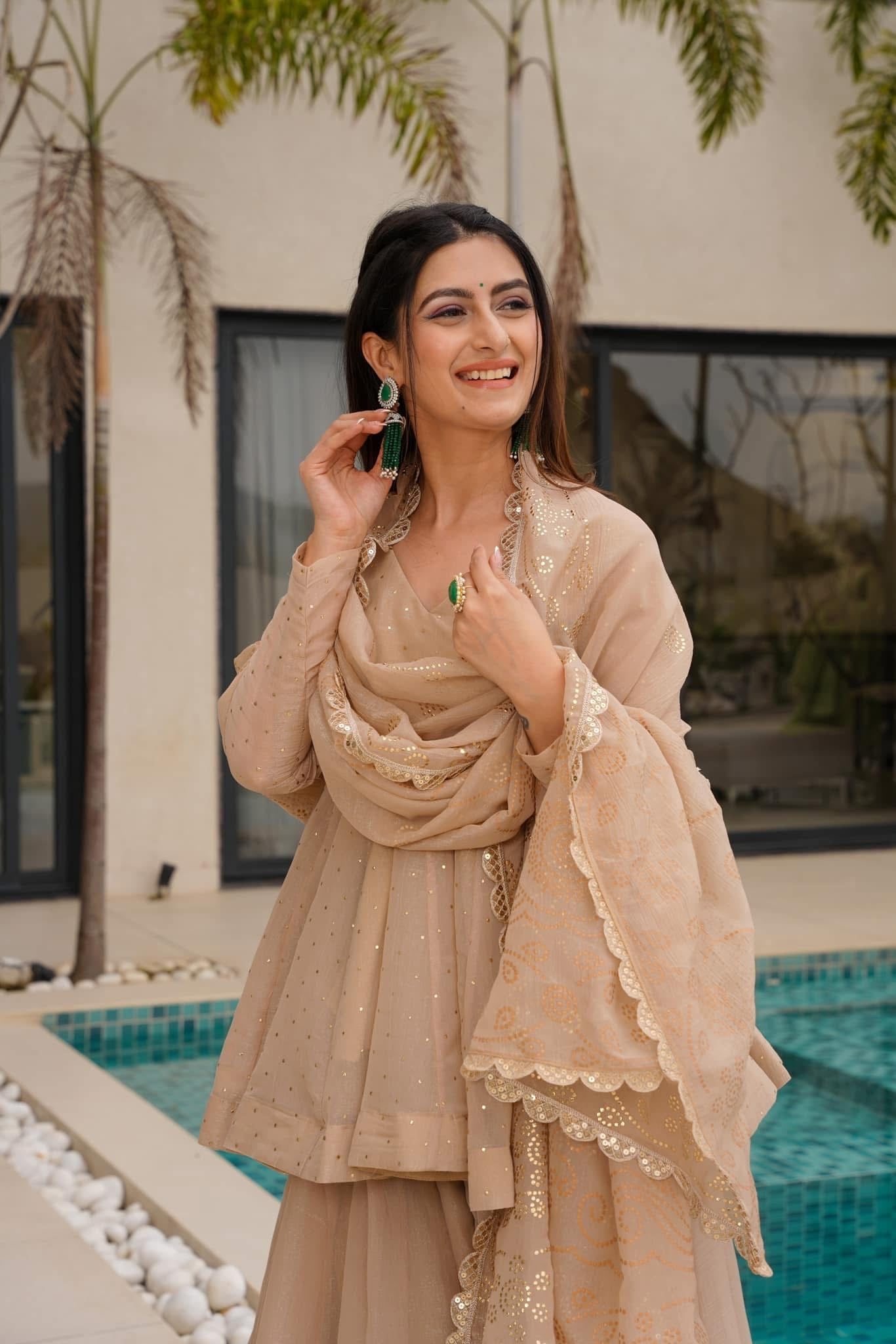 Beige Kurta Sharara Set with Embroidered Dupatta – Party & Festive Wear