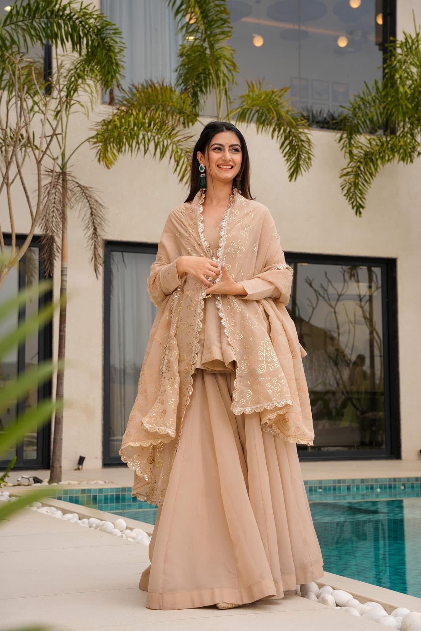Beige Kurta Sharara Set with Embroidered Dupatta – Party & Festive Wear