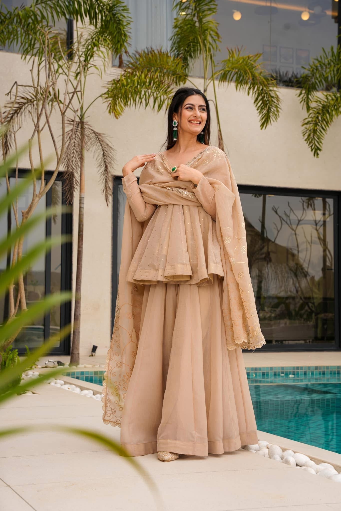 Beige Kurta Sharara Set with Embroidered Dupatta – Party & Festive Wear