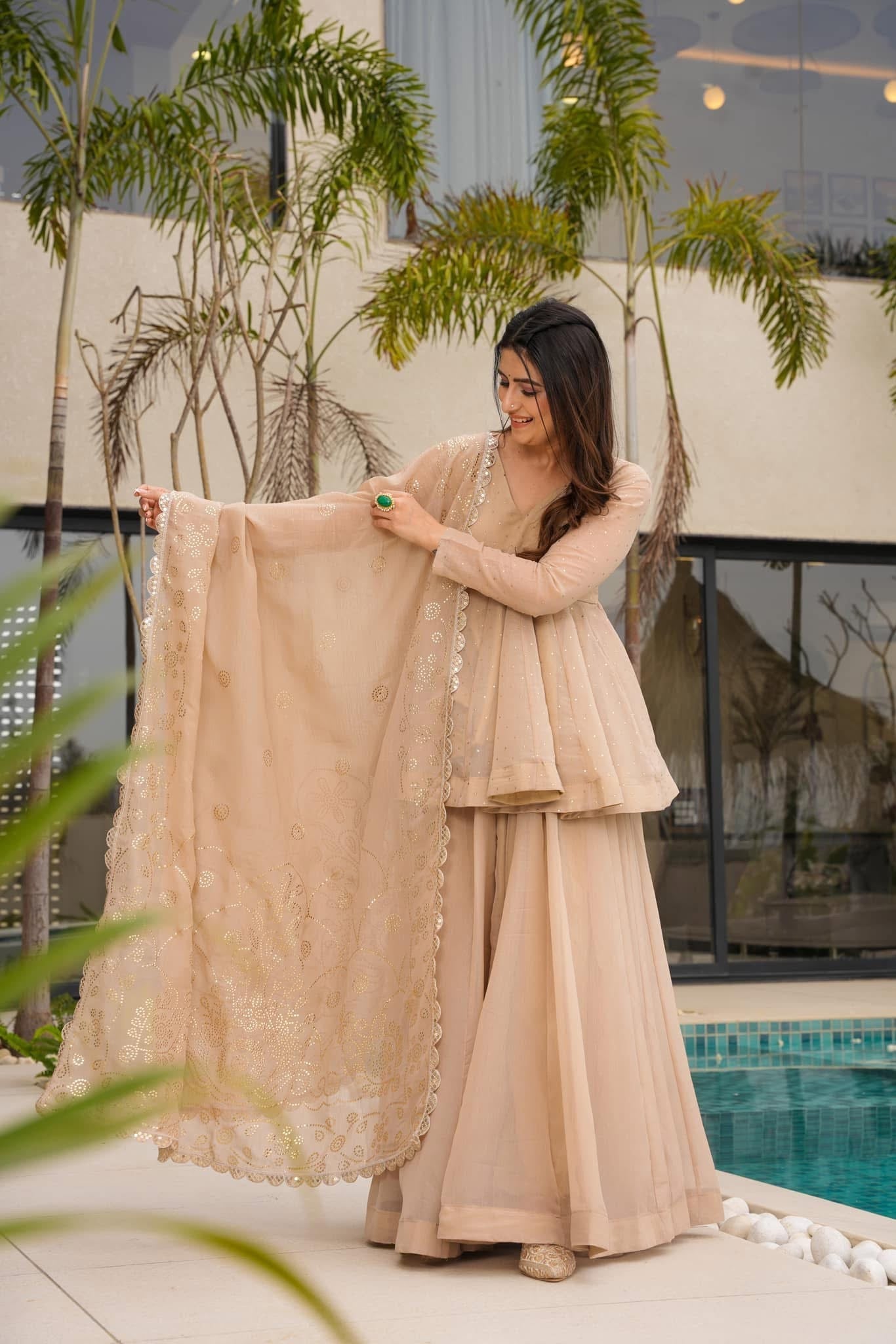 Beige Kurta Sharara Set with Embroidered Dupatta – Party & Festive Wear