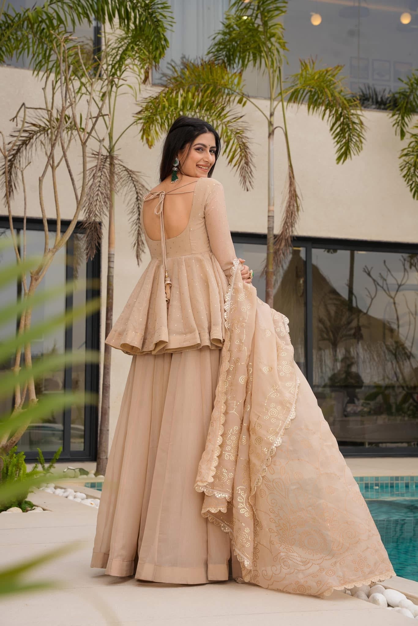 Beige Kurta Sharara Set with Embroidered Dupatta – Party & Festive Wear