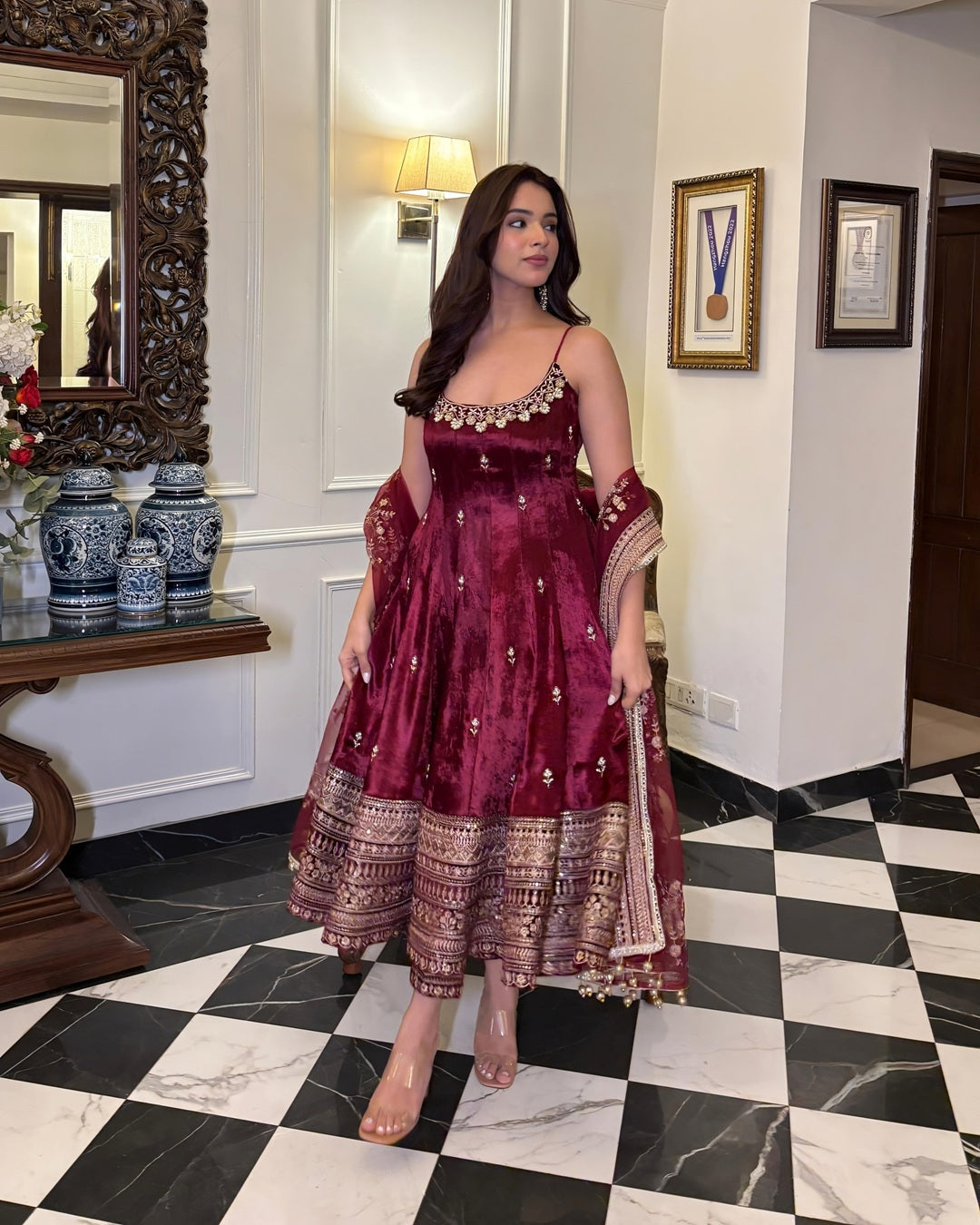 Premium Wine Color Anarkali Set with Hand Embroidery & Designer Dupatta