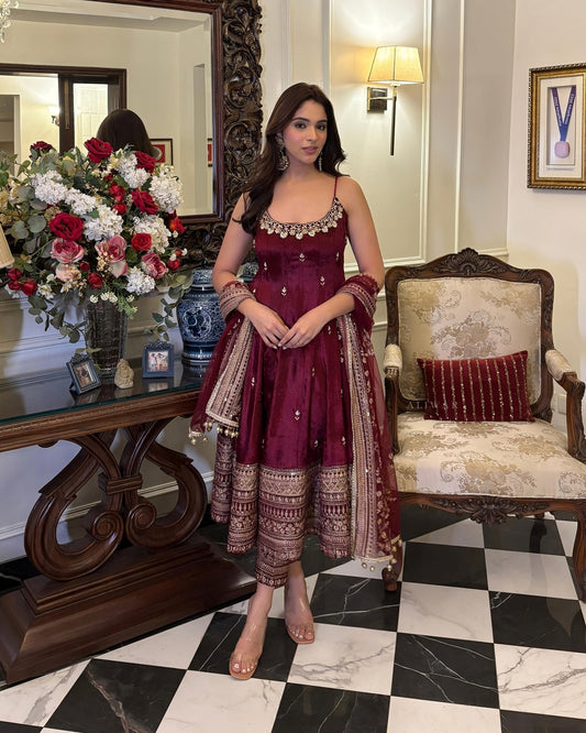 Premium Wine Color Anarkali Set with Hand Embroidery & Designer Dupatta