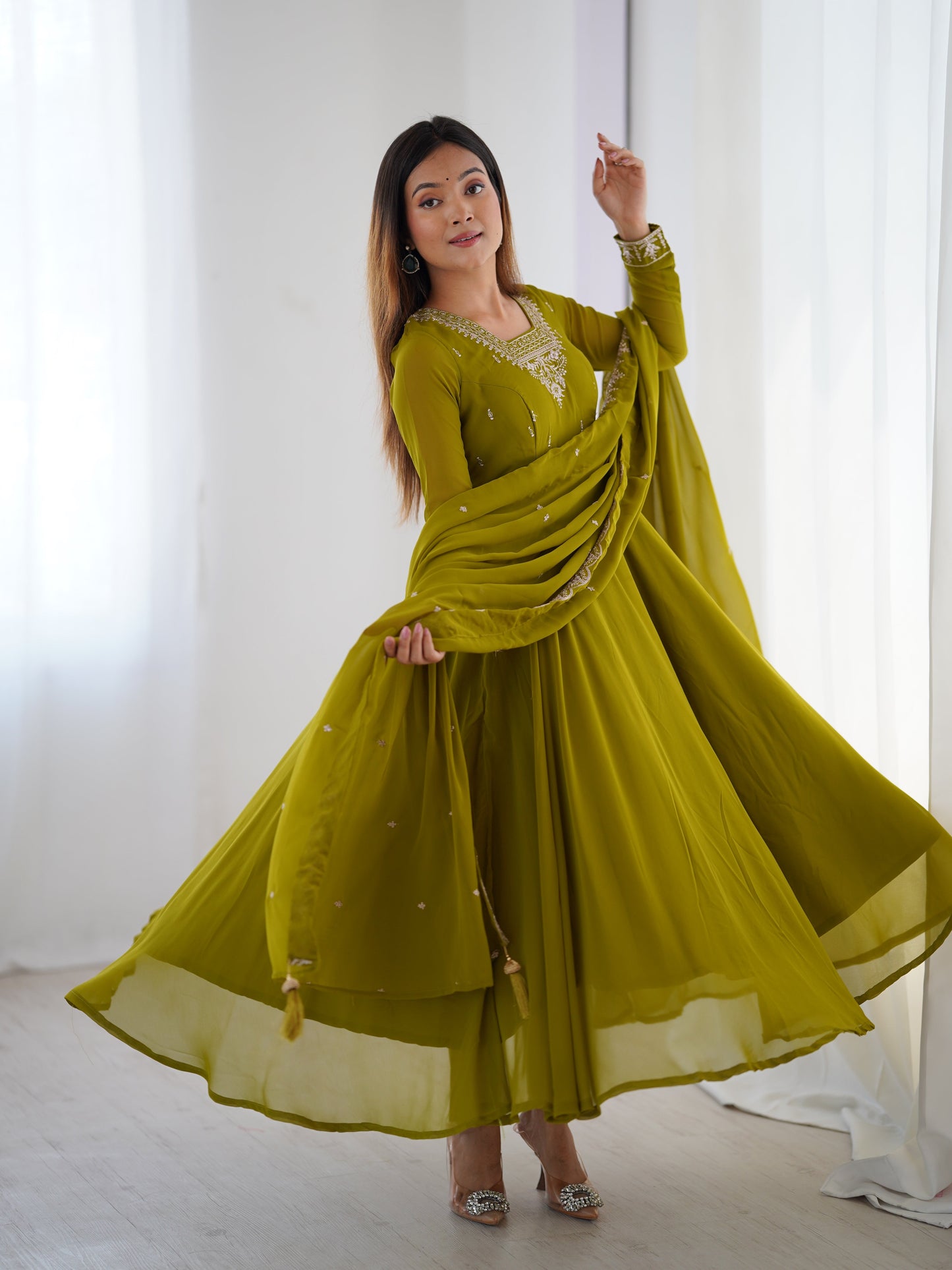 Premium Embroidered Faux Georgette Anarkali Set – Fully Stitched & Elegant