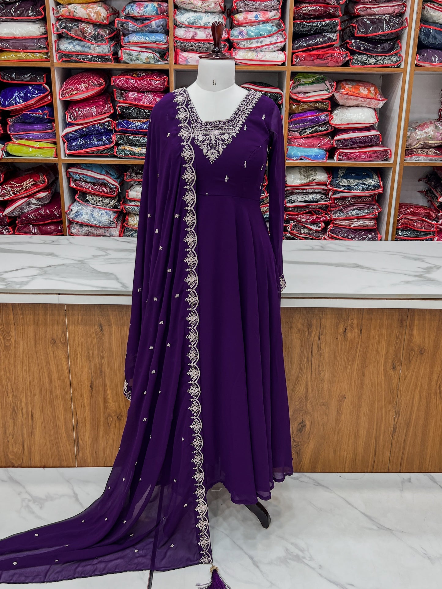 Premium Embroidered Faux Georgette Anarkali Set – Fully Stitched & Elegant