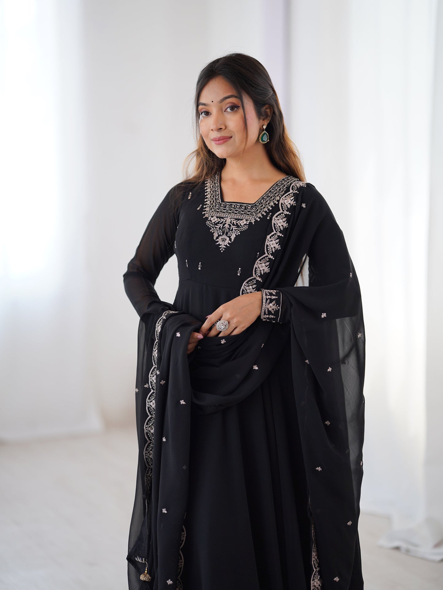 Premium Embroidered Faux Georgette Anarkali Set – Fully Stitched & Elegant