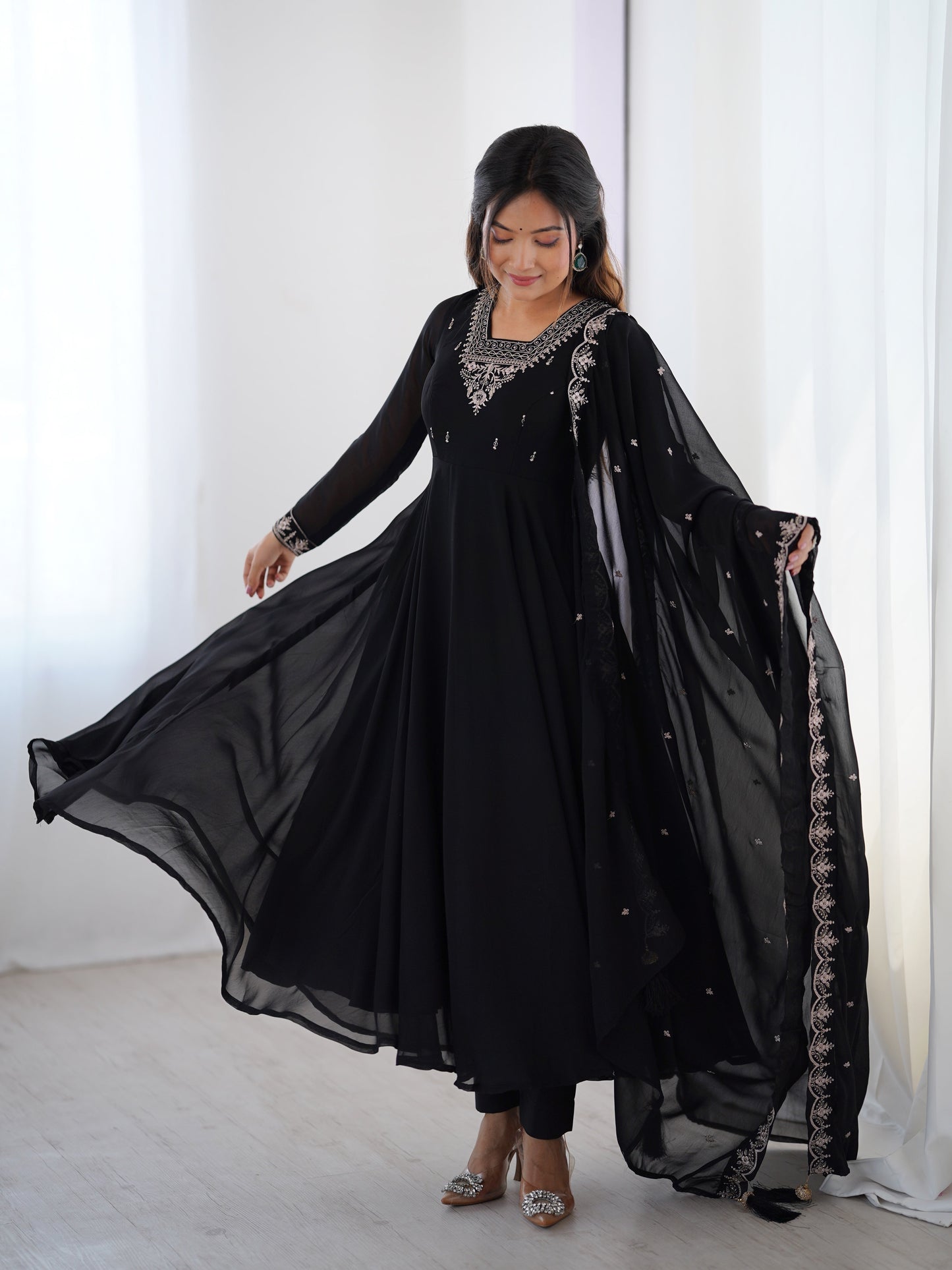 Premium Embroidered Faux Georgette Anarkali Set – Fully Stitched & Elegant