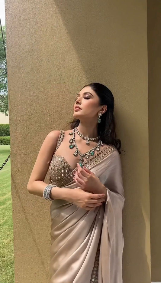 Wedding Wear Satin Silk Mirror Work Designer Saree For Women | Party Wear Saree