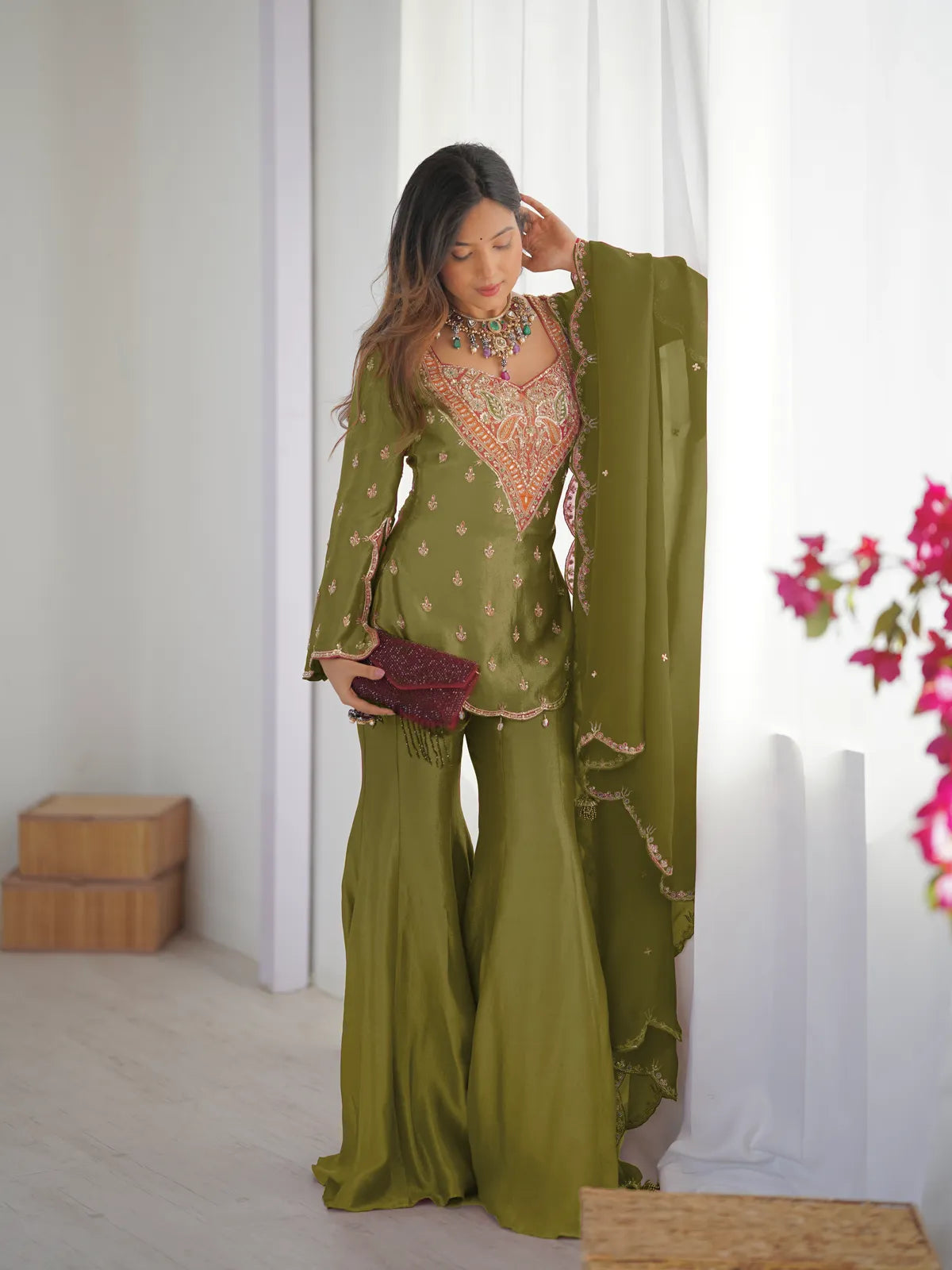 Festive Wear Simar Silk  Sharara Suit Set with Dupatta For Women