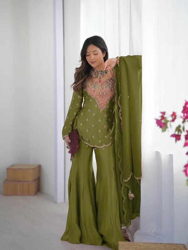 Festive Wear Simar Silk  Sharara Suit Set with Dupatta For Women