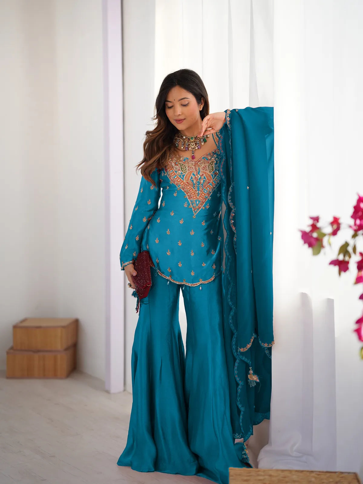 Festive Wear Simar Silk  Sharara Suit Set with Dupatta For Women