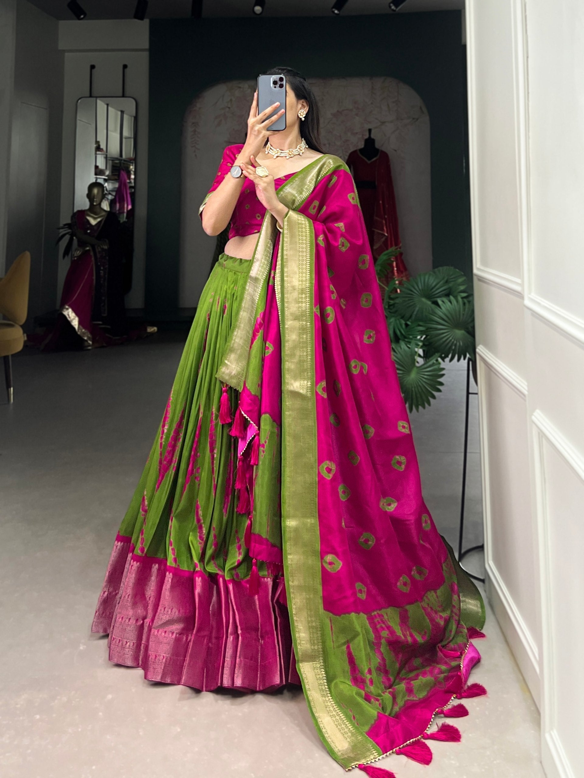 Magnificent Dola Silk Shibori Printed Zari Weaving Border Worked Lehenga Set - Ethnicwish