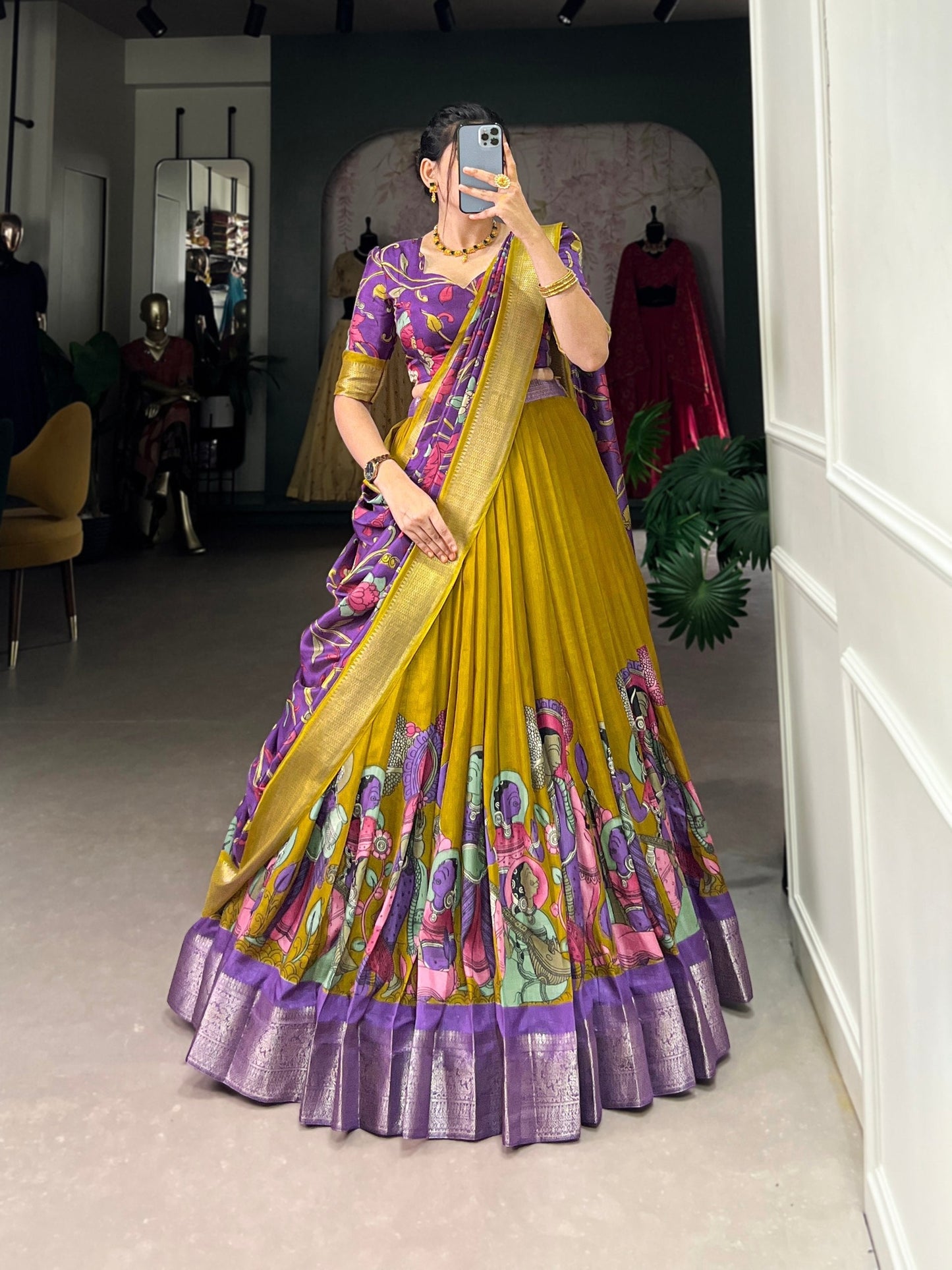 Spectacular Jacquard Silk Kalamkari Printed Lehenga Choli Set - Ethnicwish