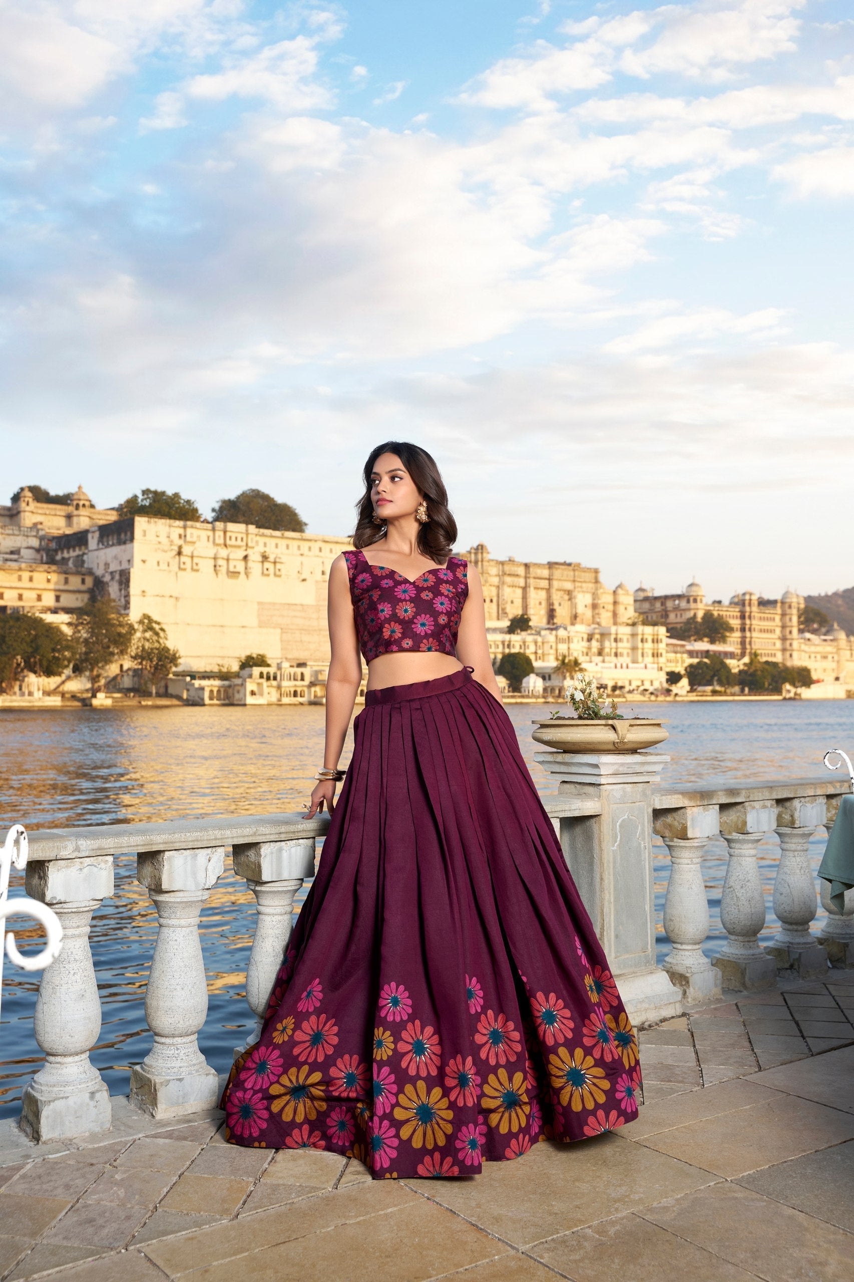 Breathtaking WineFloral Printed Foil Worked Tussar Silk Lehenga Choli - Ethnicwish
