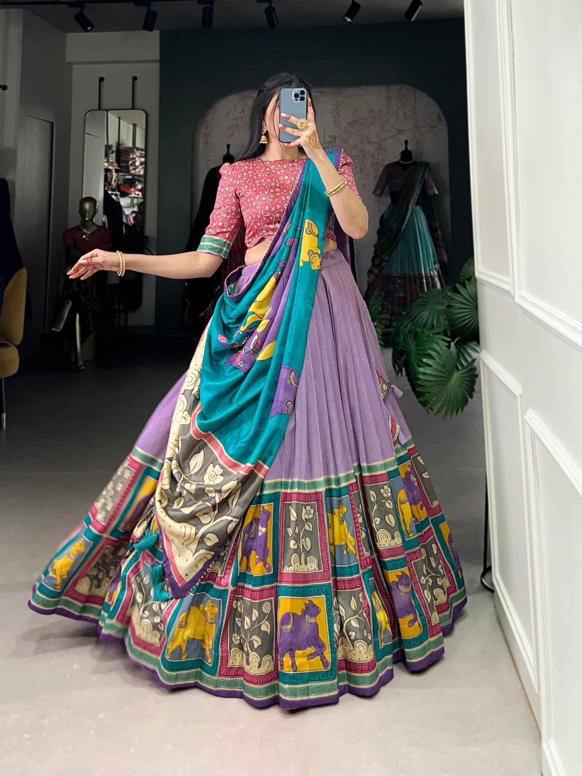 Fabulous Tussar Silk Kalamkari Printed Foil Worked Lehenga Choli - Ethnicwish