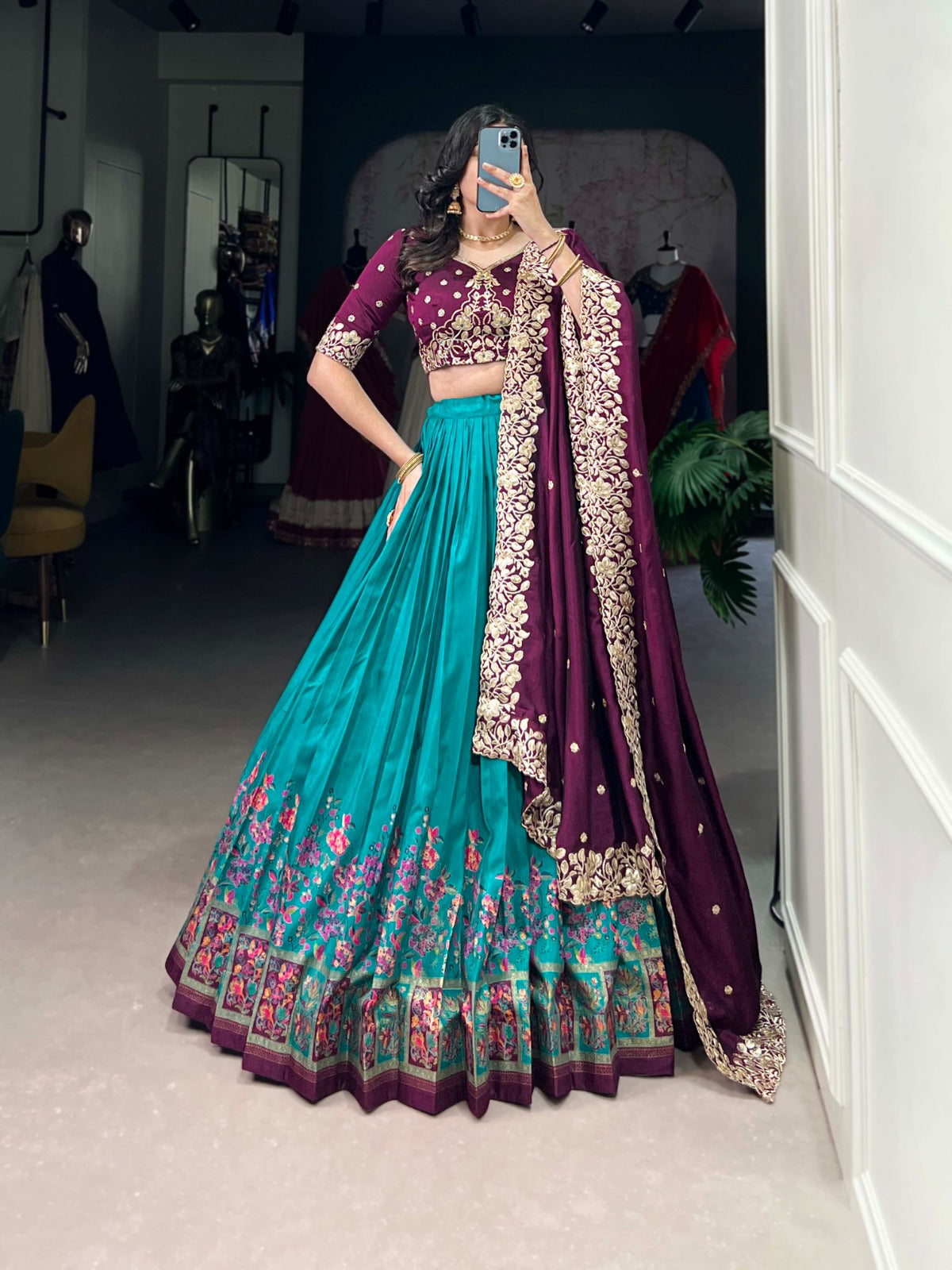 Exquisite Tussar Silk Printed Foil Worked Lehenga Choli