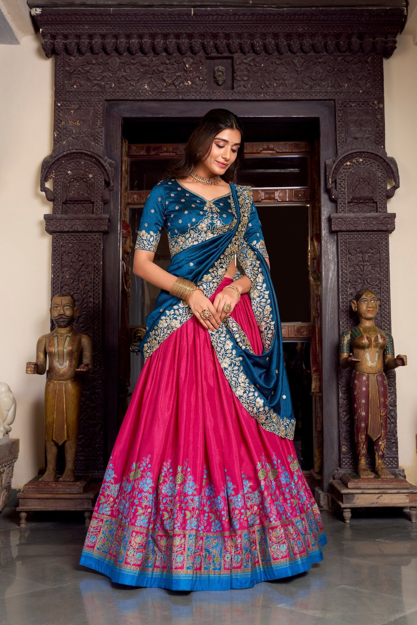 Exquisite Tussar Silk Printed Foil Worked Lehenga Choli Set
