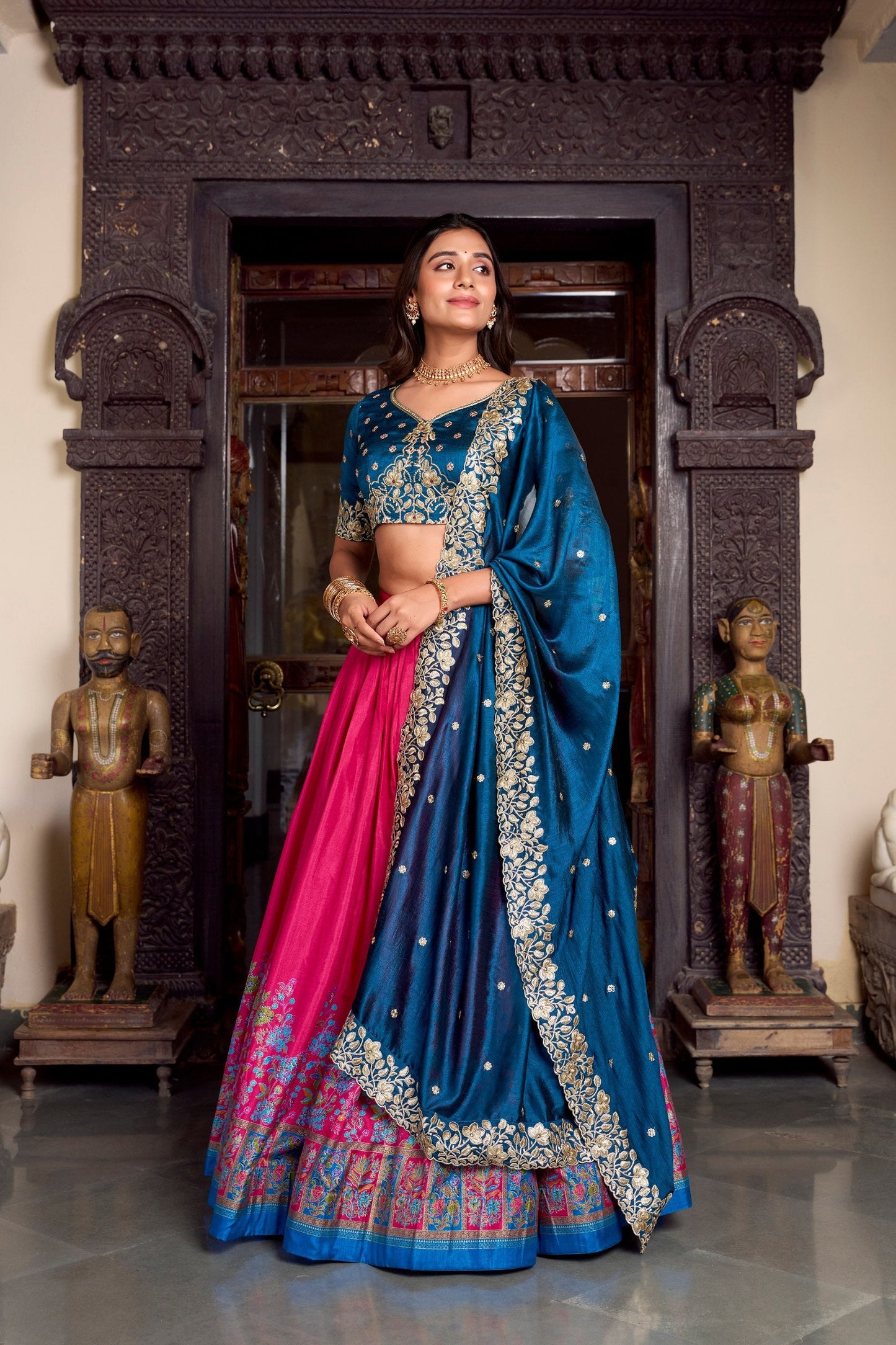 Exquisite Tussar Silk Printed Foil Worked Lehenga Choli Set