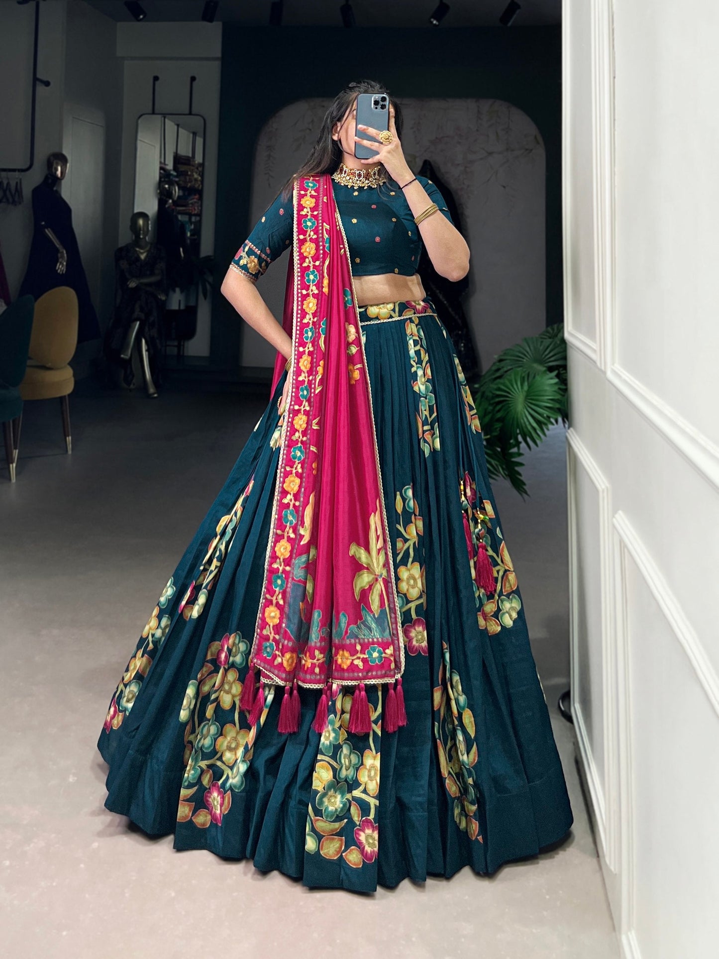 Magnificent Tussar Silk Printed Foil Worked Lehenga Choli