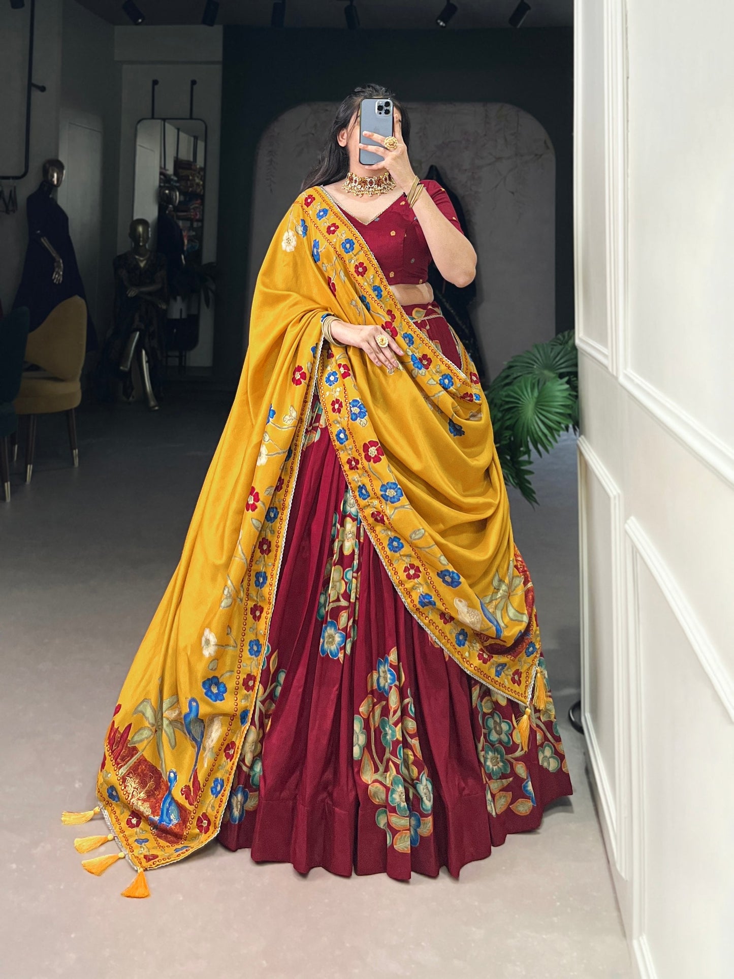 Magnificent Tussar Silk Printed Foil Worked Lehenga Choli