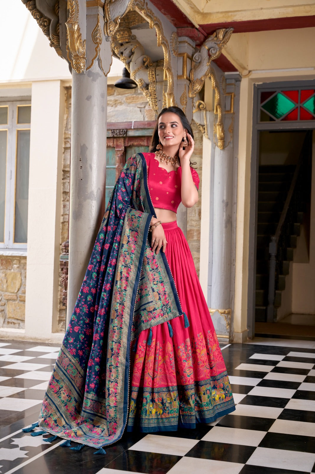 Stunning Tussar Silk Printed Foil Worked Lehenga Choli Set