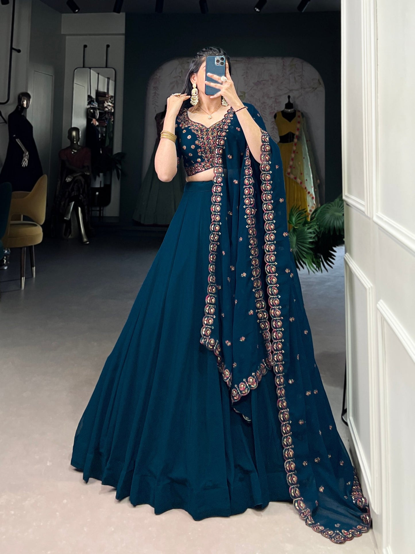 Elegant Firozi Sequins Thread Worked Lehenga Choli Set